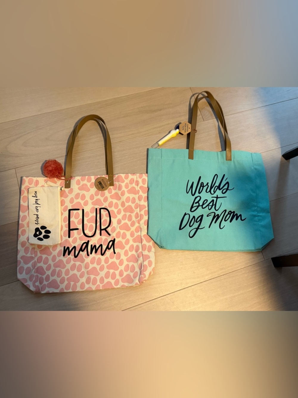 2 canvas ‘dog mom’ totes with charms/ pouch